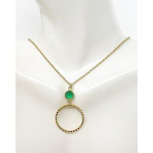 Gold Tone Bezel Set Green Faceted Crystal Circle Pendant Necklace Marked CF